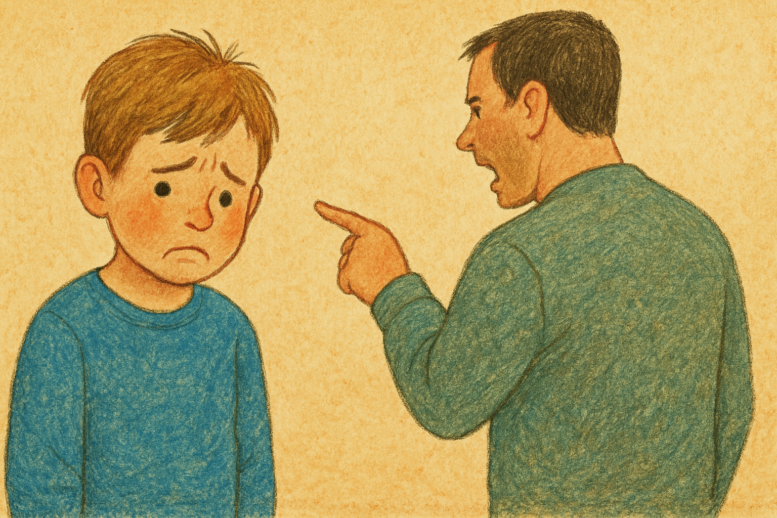 「叱られている子どもと、指をさして怒っている大人のイラスト。NGな声かけの一例を表現。」