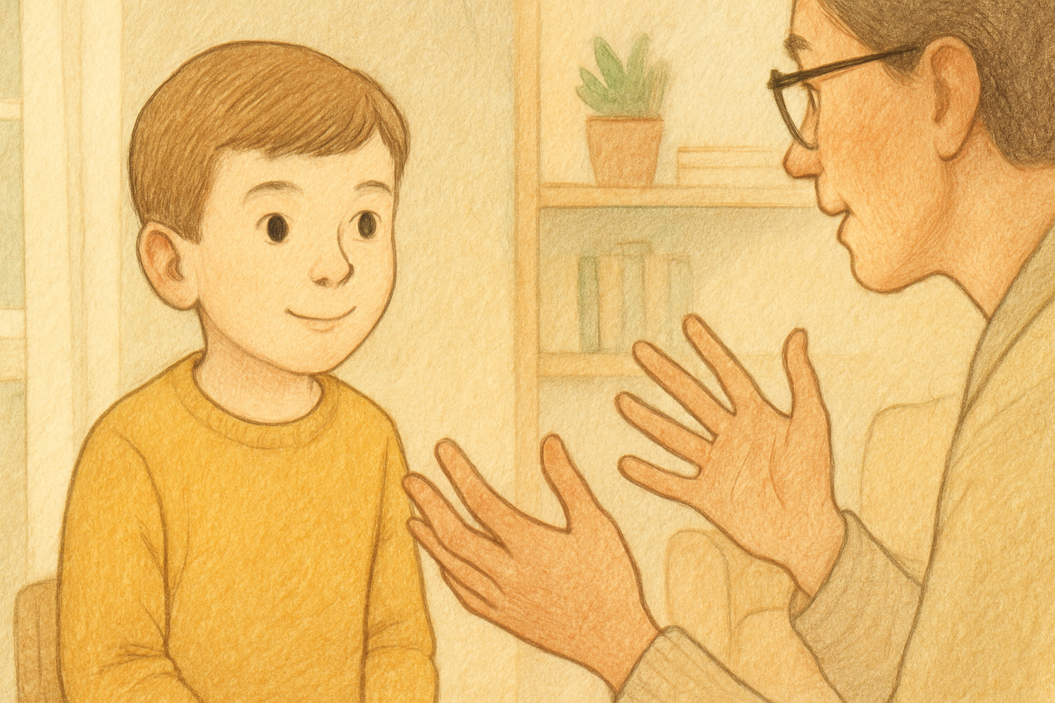 大人が子どもに優しく話しかけているイラスト。ポジティブな声かけのイメージ。