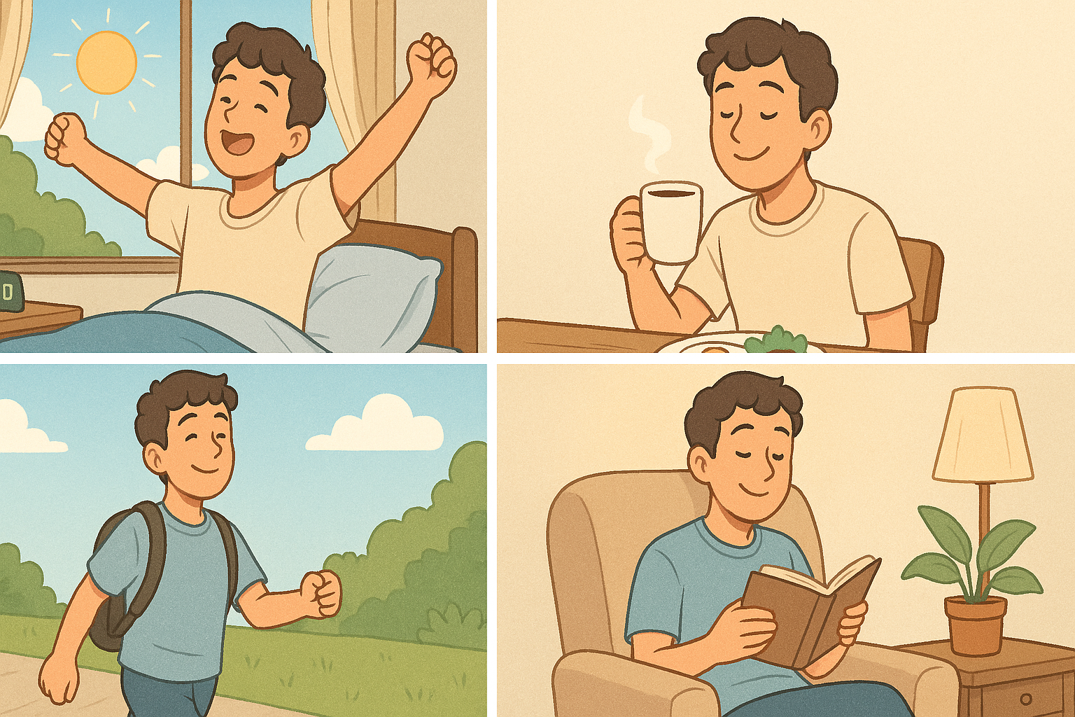理想的な睡眠のための、起床から就寝までの一日の生活リズムを示す男性のイラスト