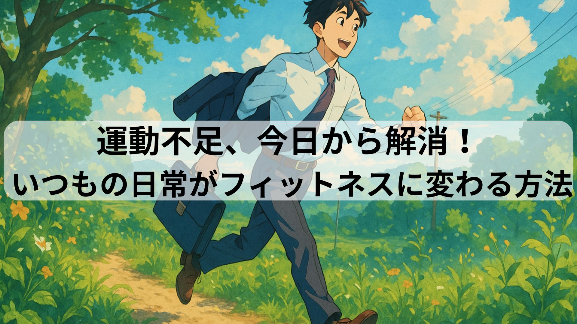 スーツ姿の男性が通勤中にさわやかに歩くアニメ風イラスト。日常の中でできる運動不足解消を表現。