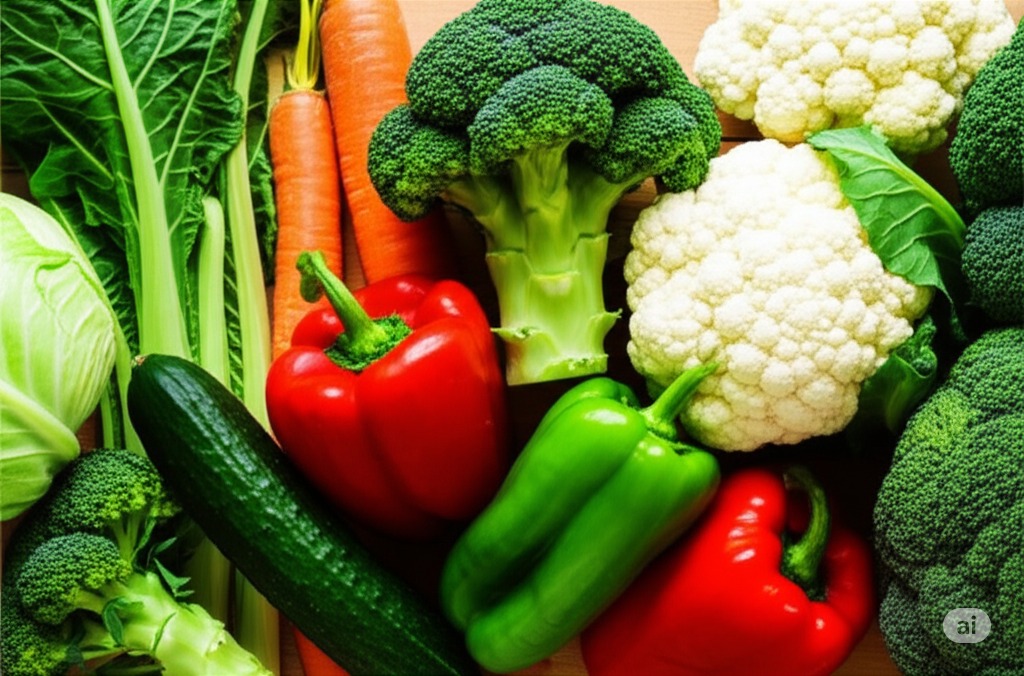 食物繊維が豊富な野菜（パプリカ、ブロッコリー、カリフラワー、ズッキーニなど）の盛り合わせ