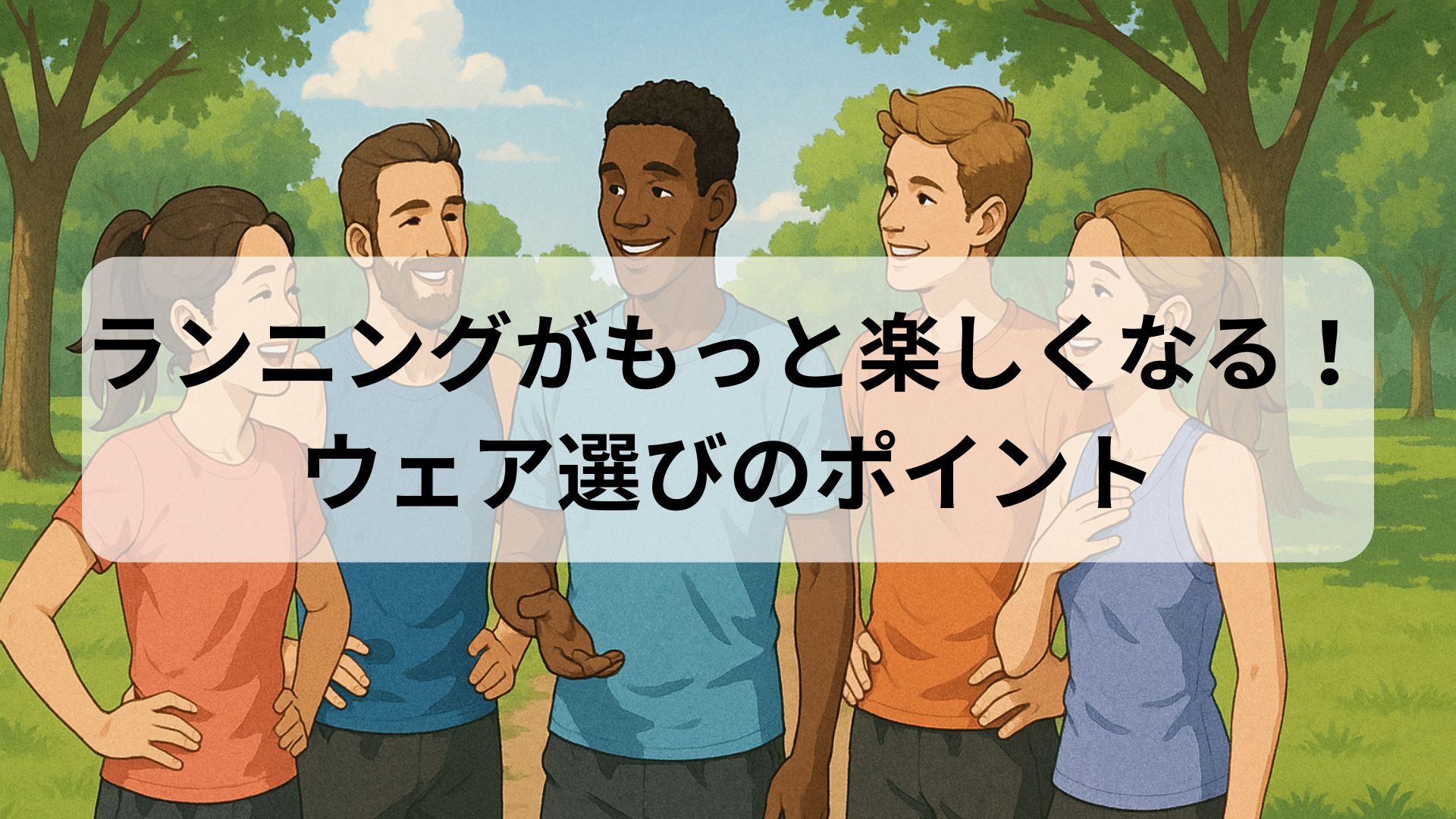 公園でランニングウェアを着た5人の男女が会話している様子。画像の上に「ランニングがもっと楽しくなる！ウェア選びのポイント」という文字入り。