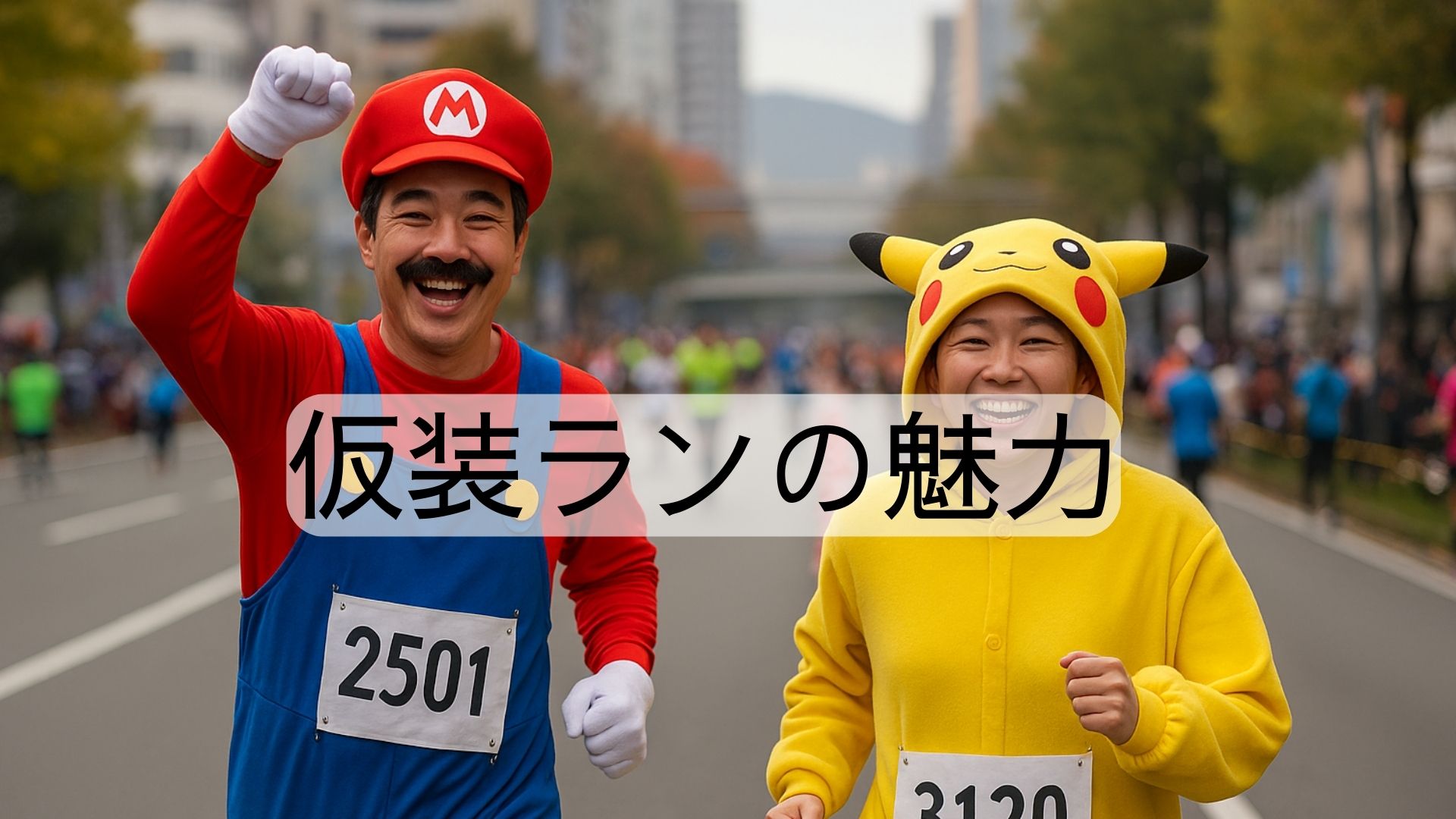 関西のマラソン大会で仮装して走る2人組ランナー。沿道の観客と一緒に盛り上がる楽しい雰囲気の様子