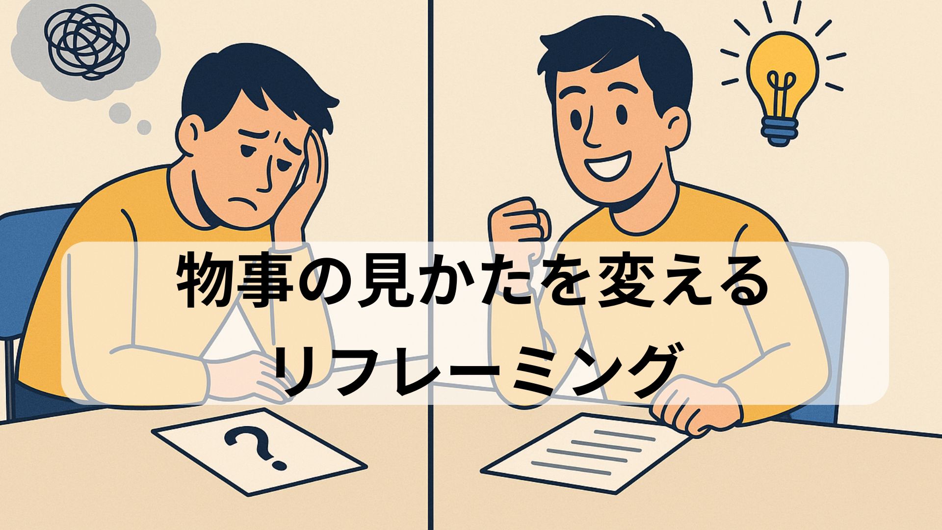 問題の見方を変えて前向きな気持ちになる男性を描いたイラスト。リフレーミングの概念を表現している。