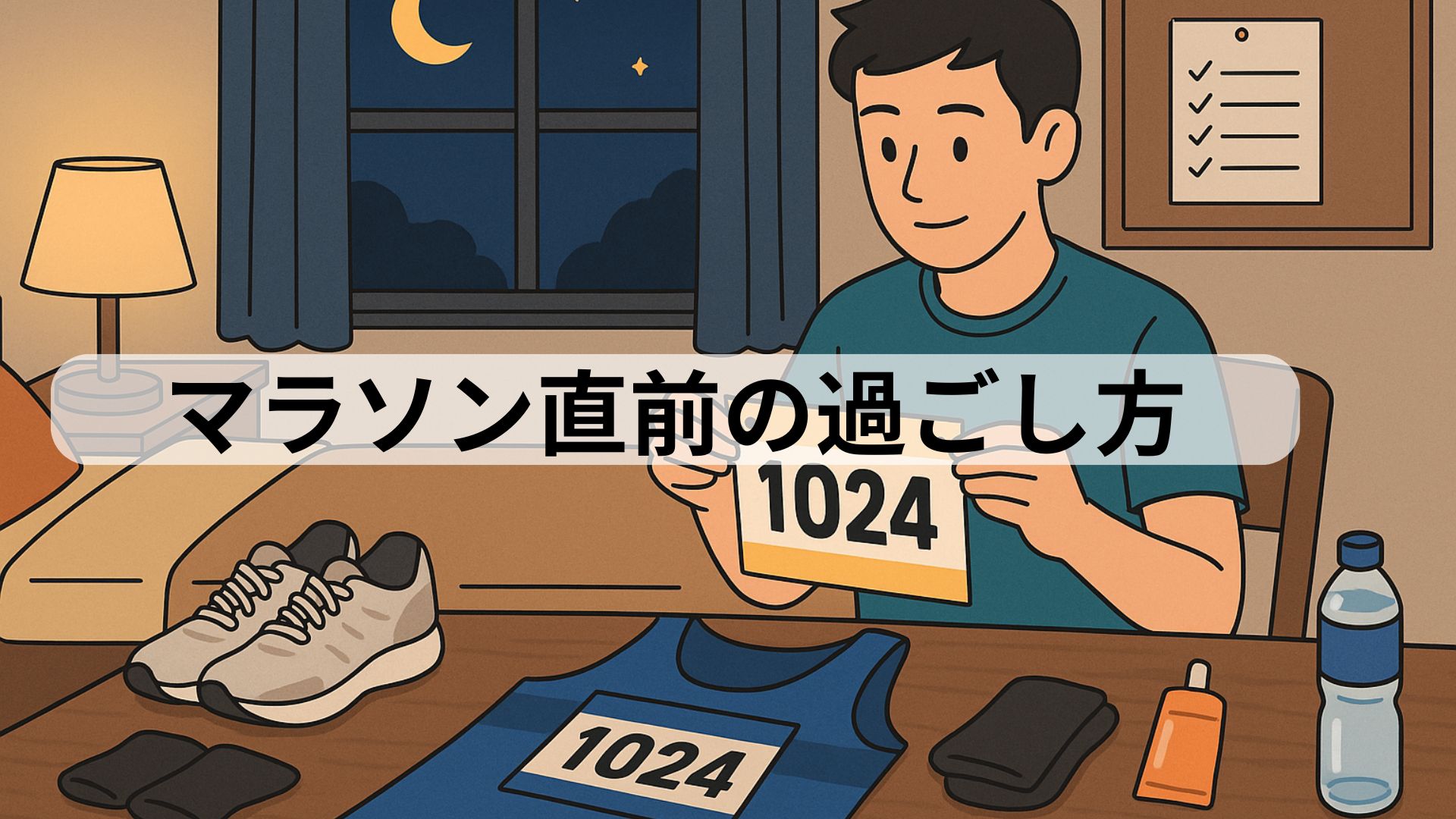 マラソン大会前夜に自宅で準備をする男性ランナー。テーブルにランニングシューズやゼッケン、ウェアを並べて翌日の大会に備えている。