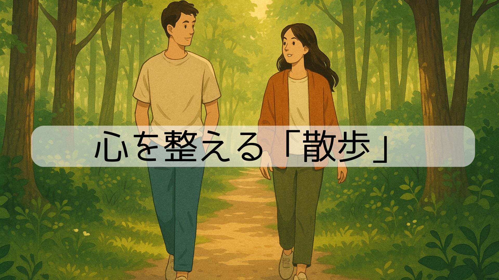 森の中をゆっくり散歩する男女。木漏れ日が差し込む緑の小道を穏やかに歩いている様子。