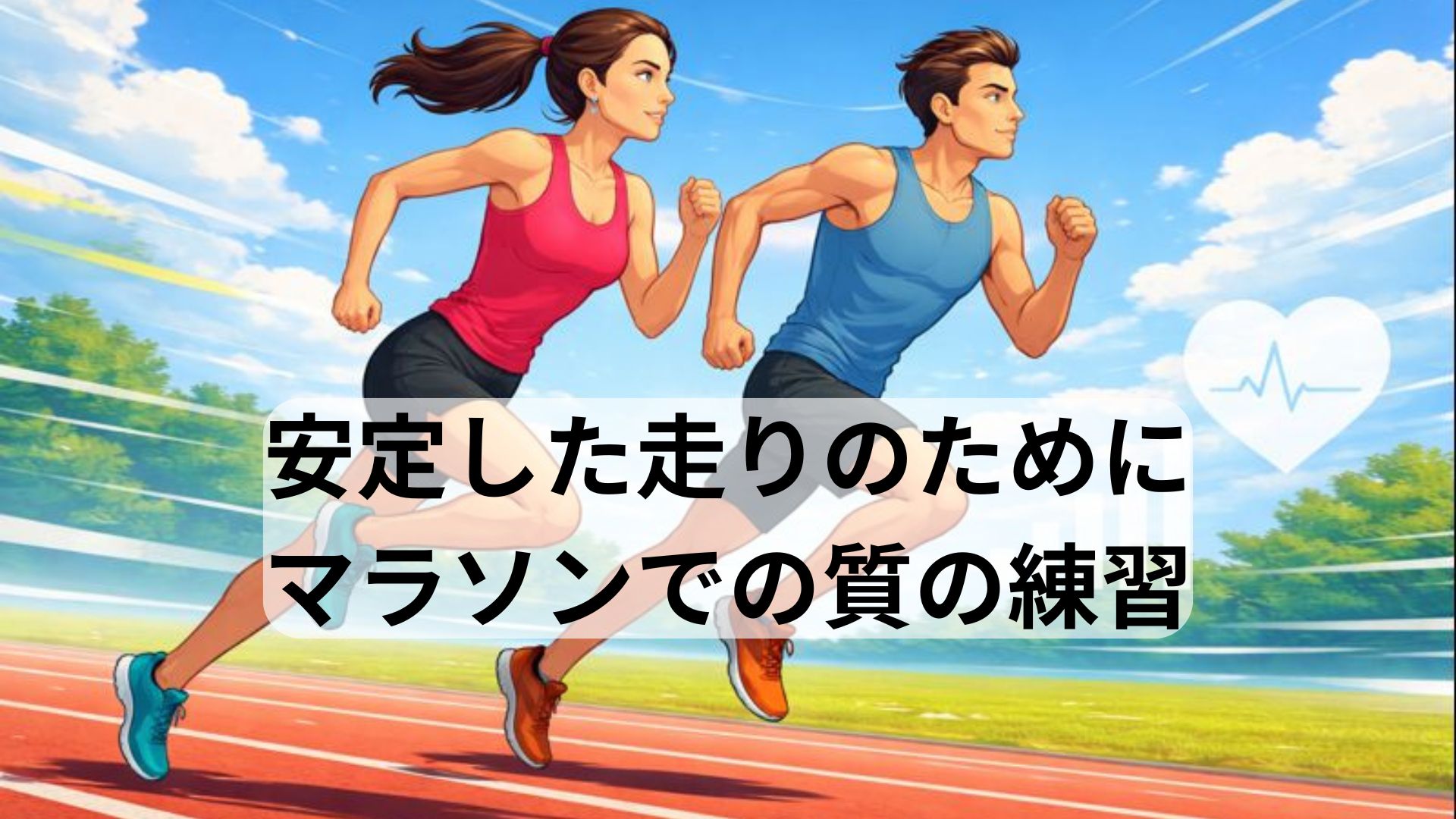 マラソンのポイント練習をテーマに、トラックを力強く走る男女ランナーのスポーツイラスト