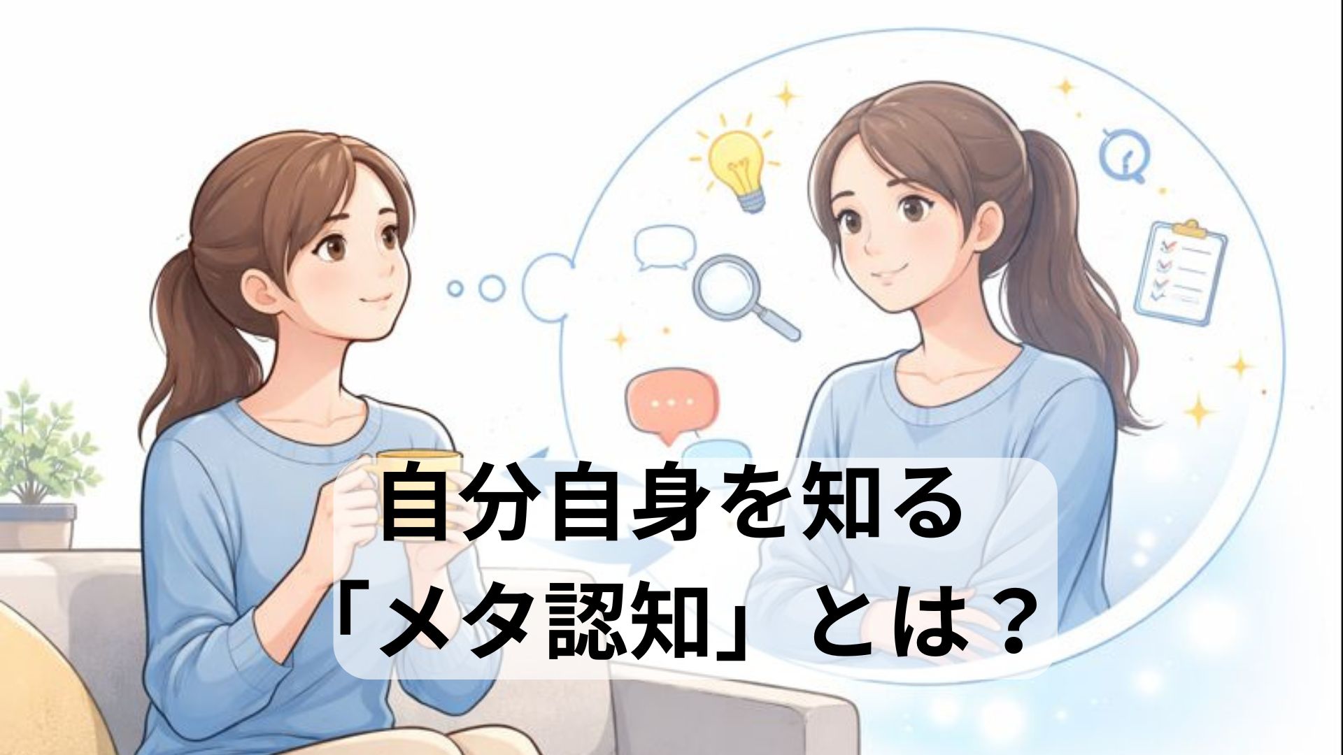 自分自身を客観視してメタ認知を高めている女性のイラスト