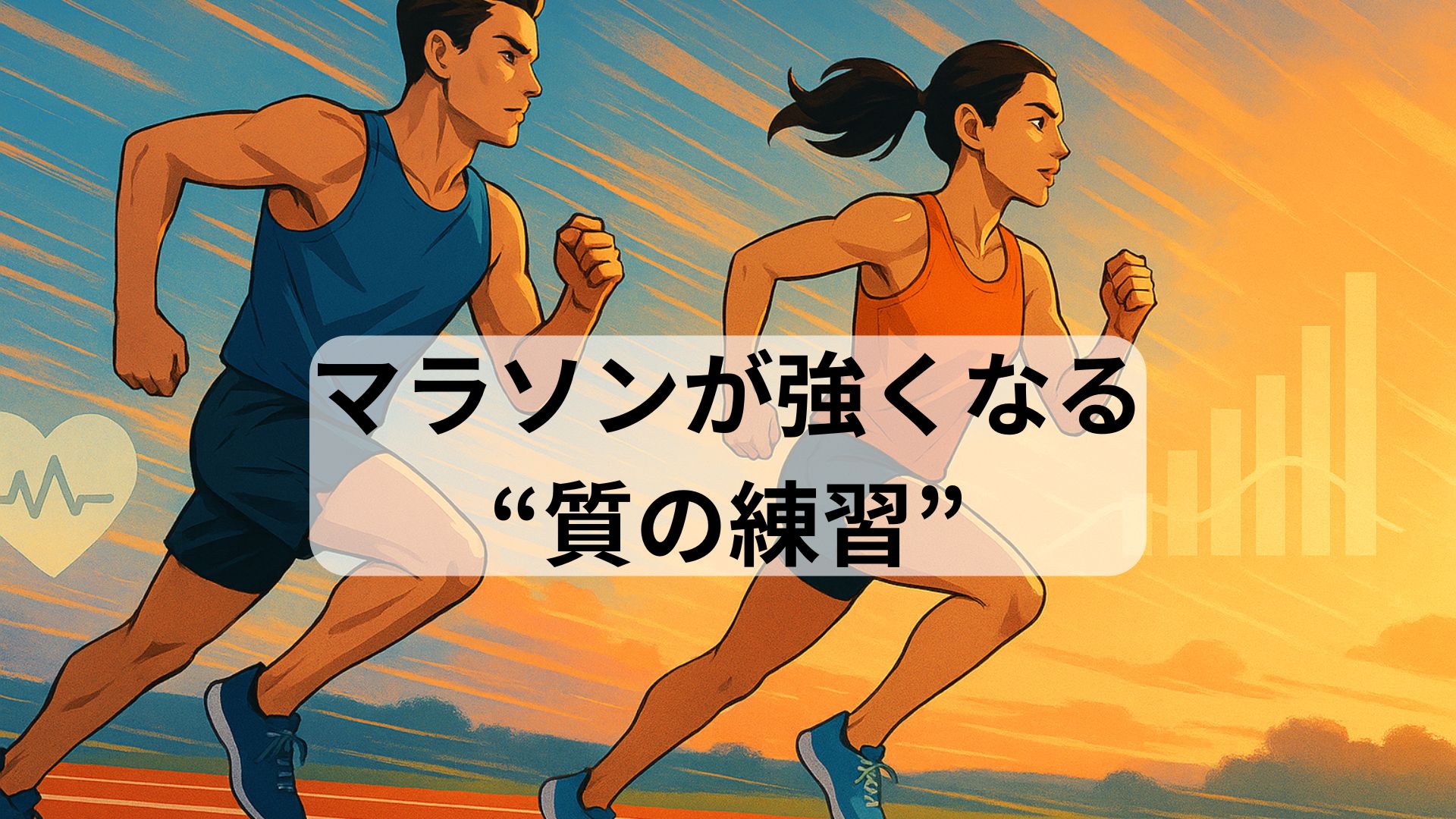 インターバル走と閾値走をテーマに、トラックを走る男女ランナーを描いたスポーツイラスト