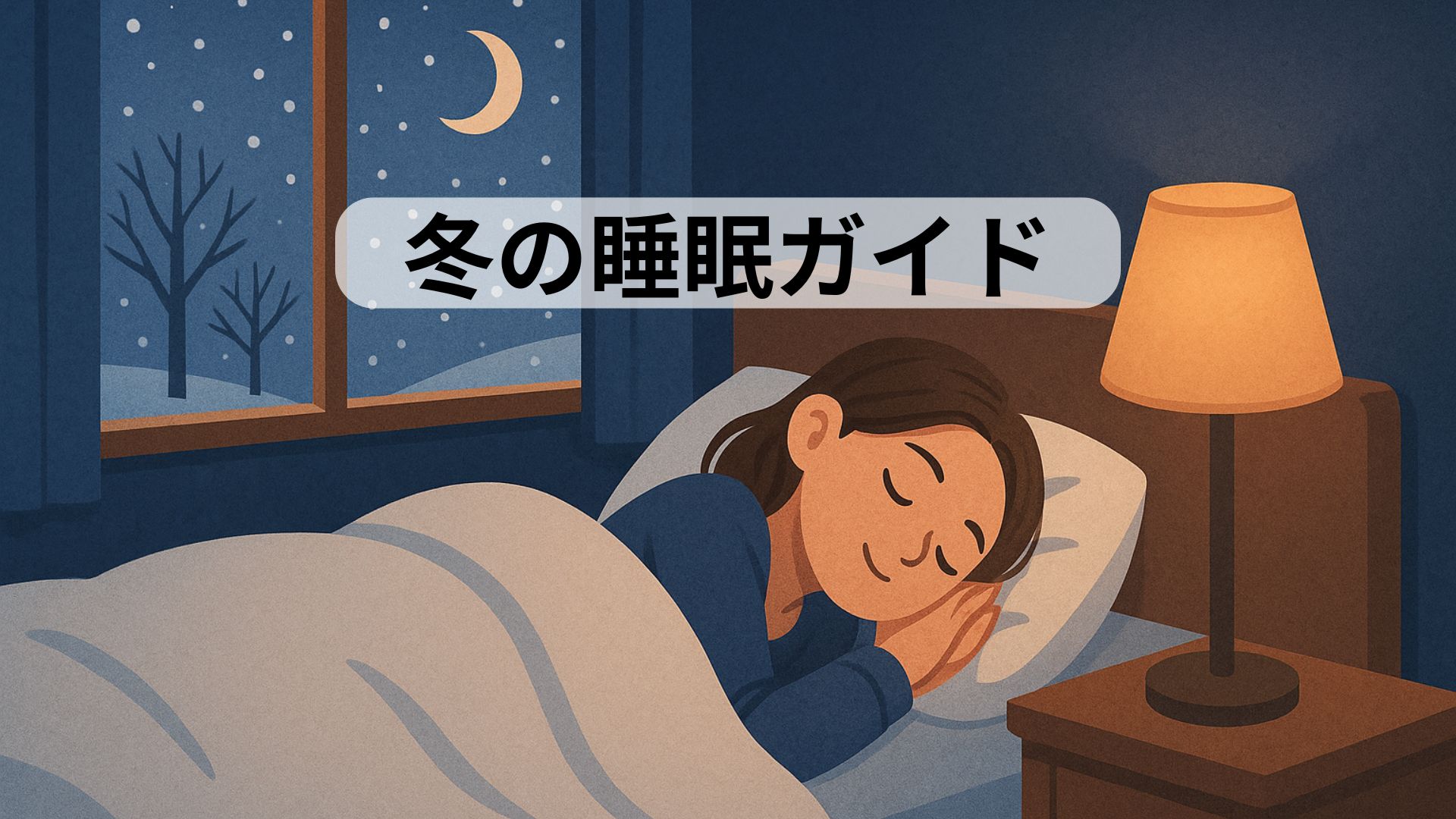 冬の夜に女性が快適に眠っている様子を描いたイラスト。冬の睡眠ガイドの記事用アイキャッチ。