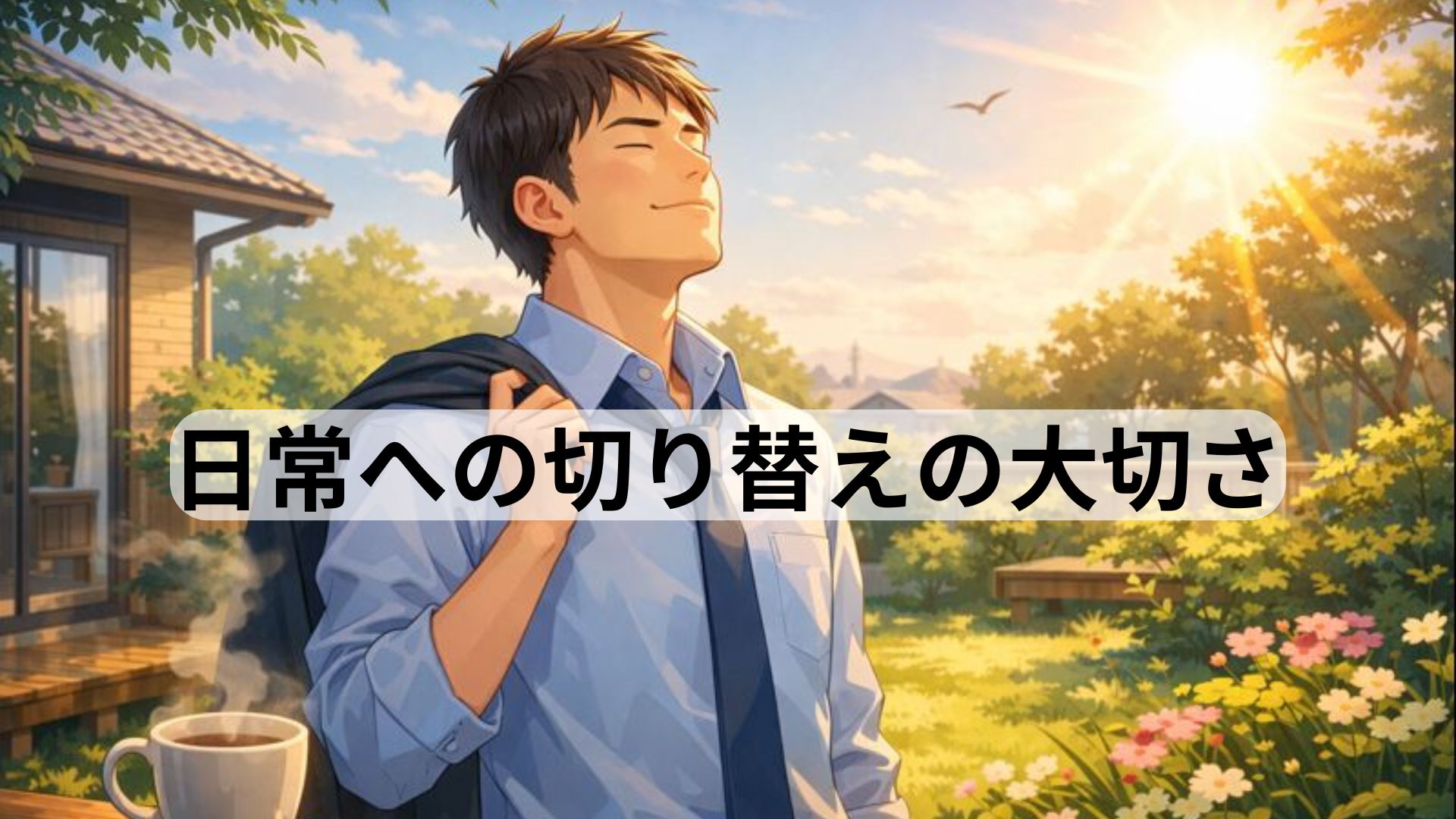 庭で朝日を浴びながら気持ちを切り替える男性のイラスト