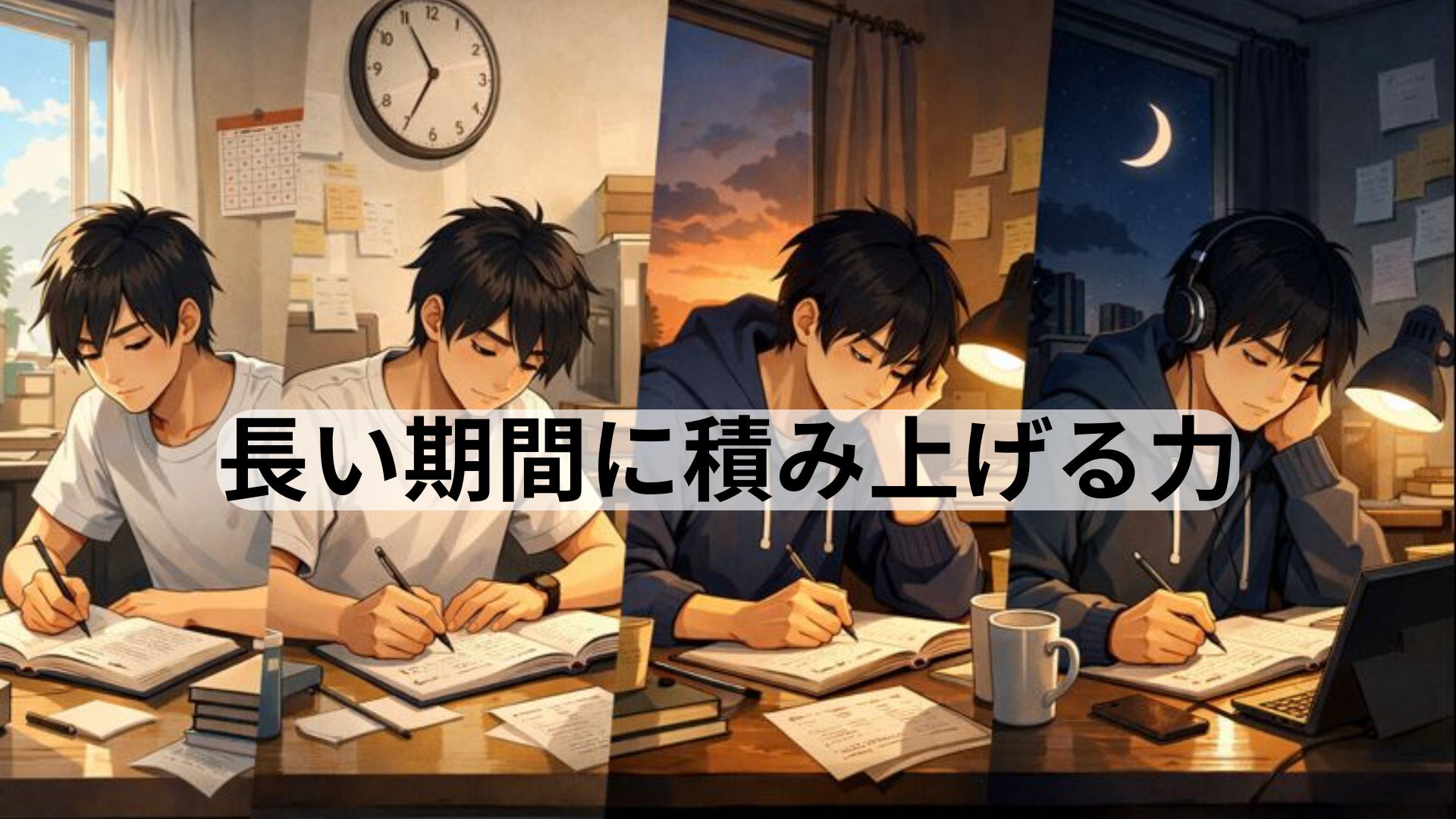長期間コツコツと勉強を積み重ねる様子を表したイラスト