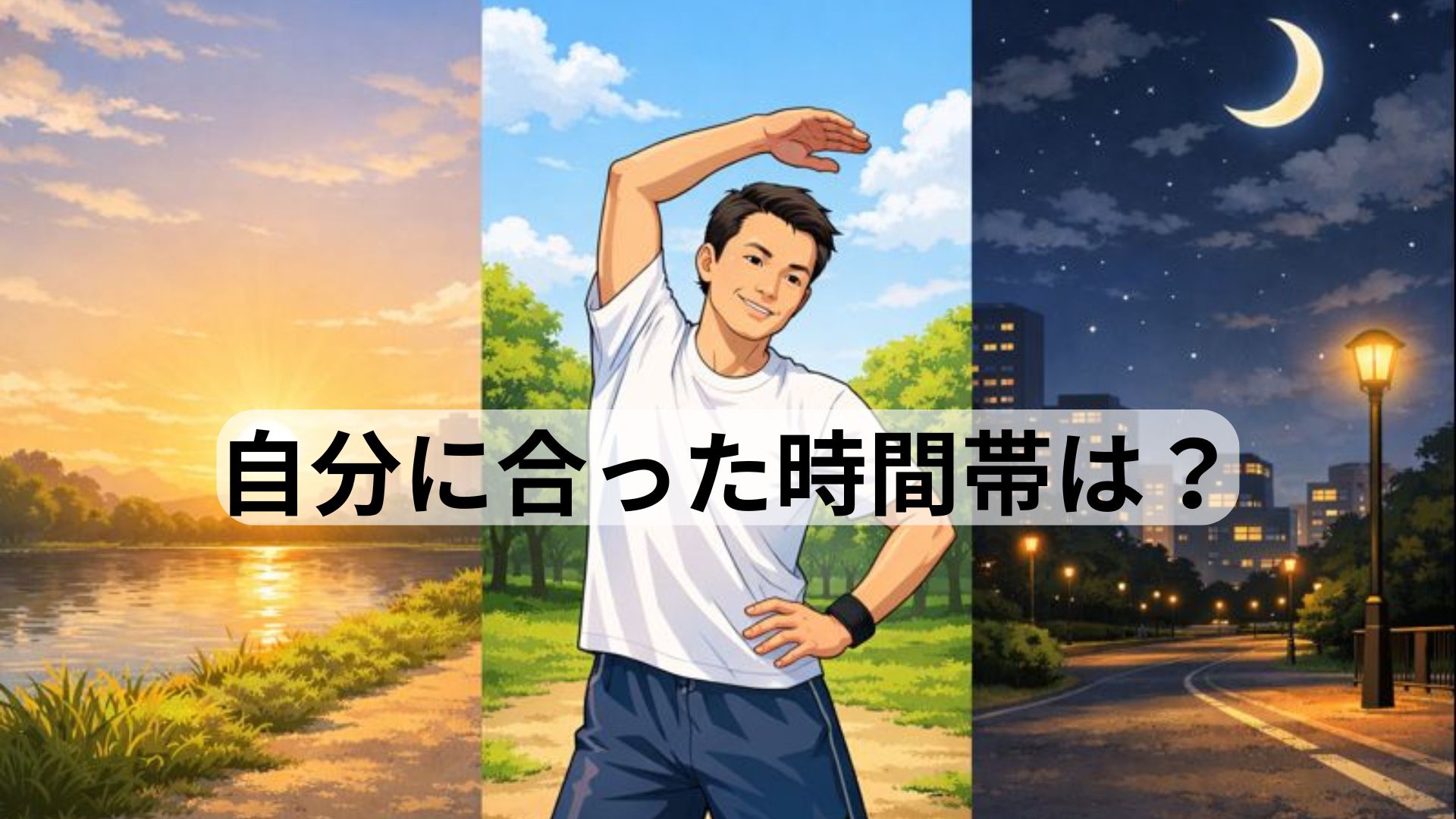 朝・昼・夜の時間帯を背景に、中央で準備運動をするランナーのイラスト
