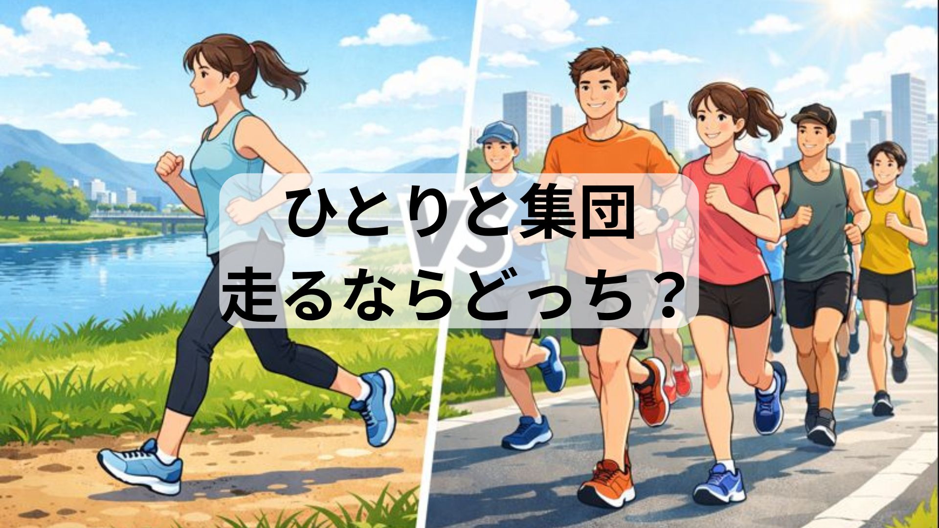 一人で走るランナーと集団で走るランナーを左右に対比したランニングのイラスト