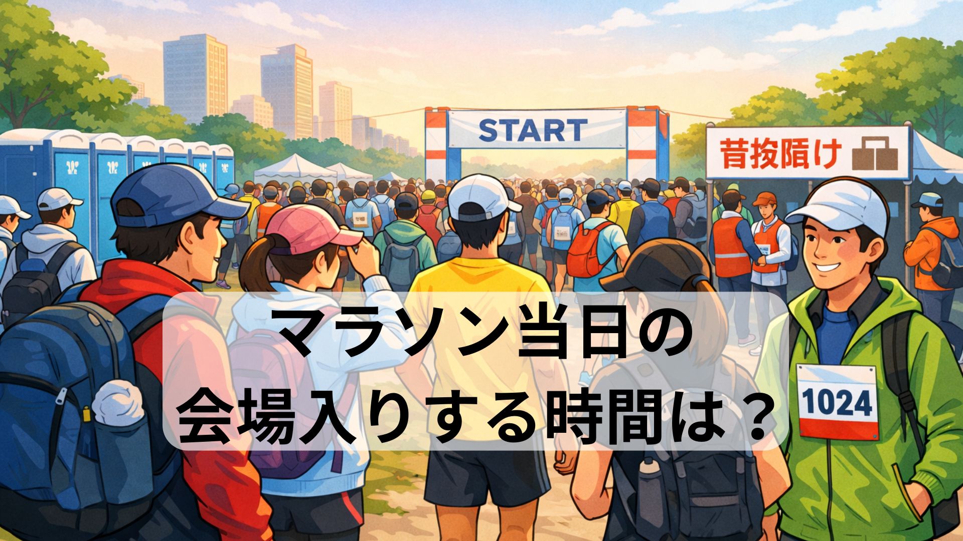 マラソン大会当日にスタートゲートへ向かうランナーたちの様子（会場入りのイメージ）