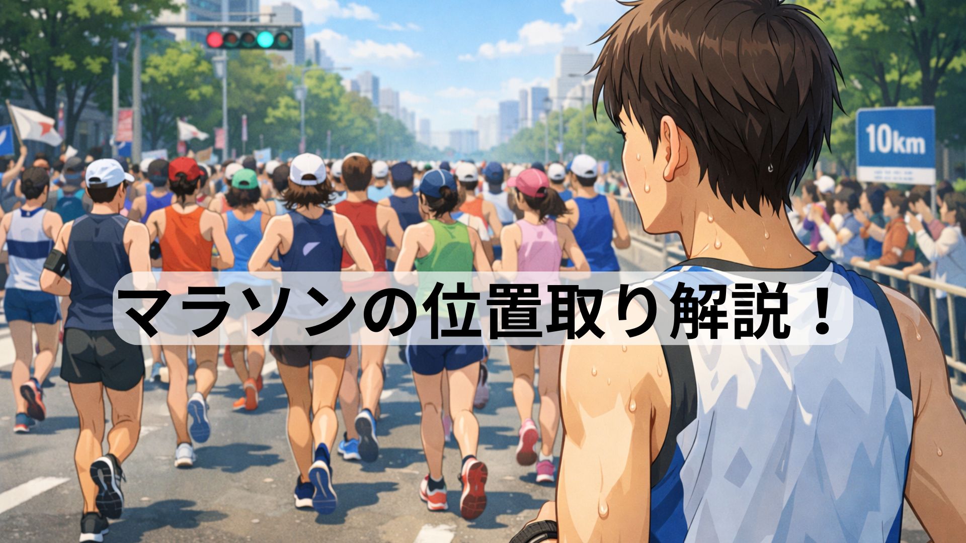 マラソン大会のスタート地点で大勢のランナーが走り出している様子