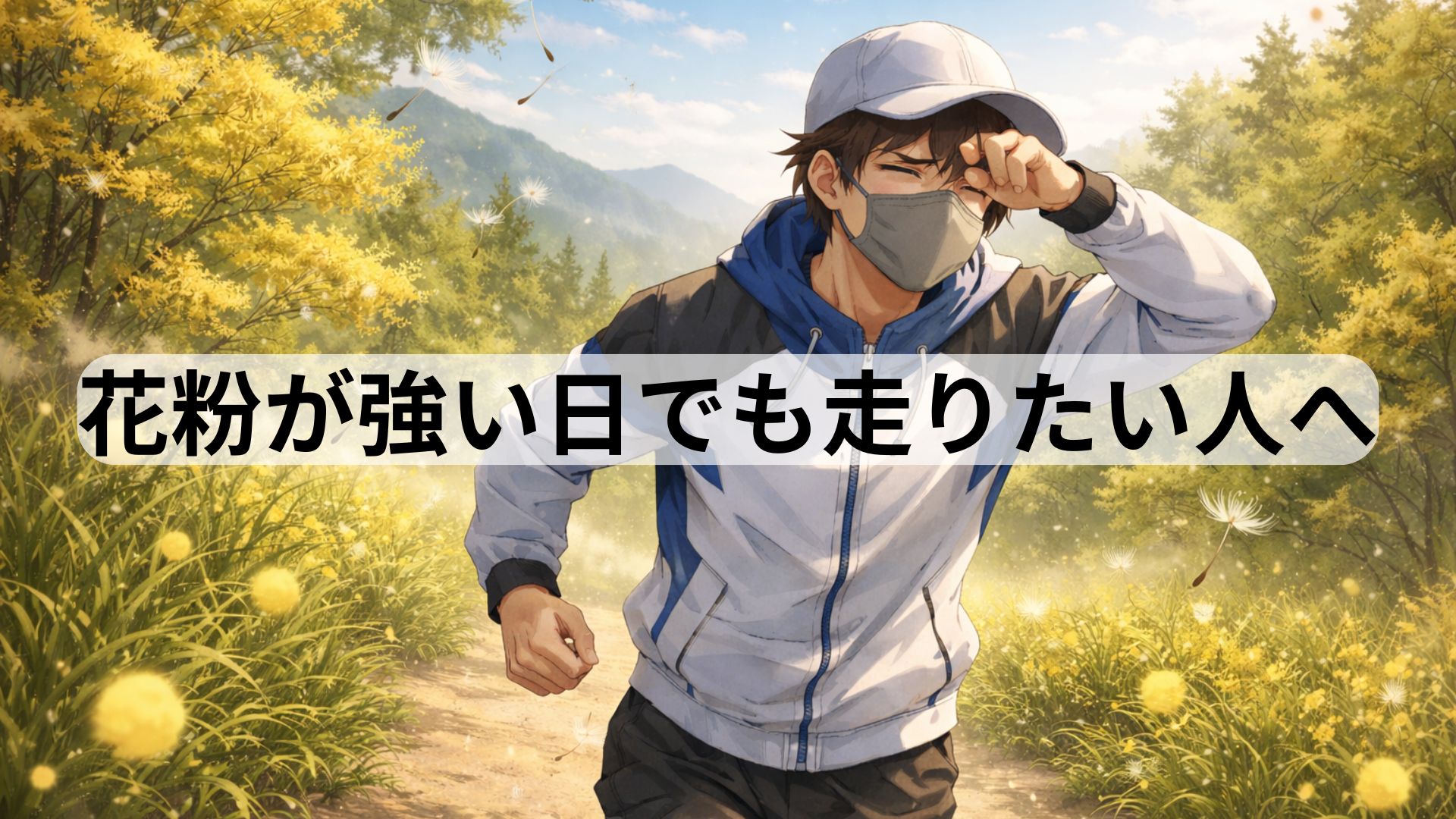 花粉対策マスクをつけて春の公園を笑顔でランニングするランナー