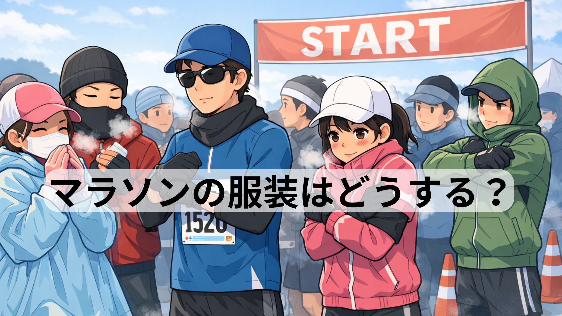 寒い日のマラソン大会でスタート前に防寒対策をしているランナーたち