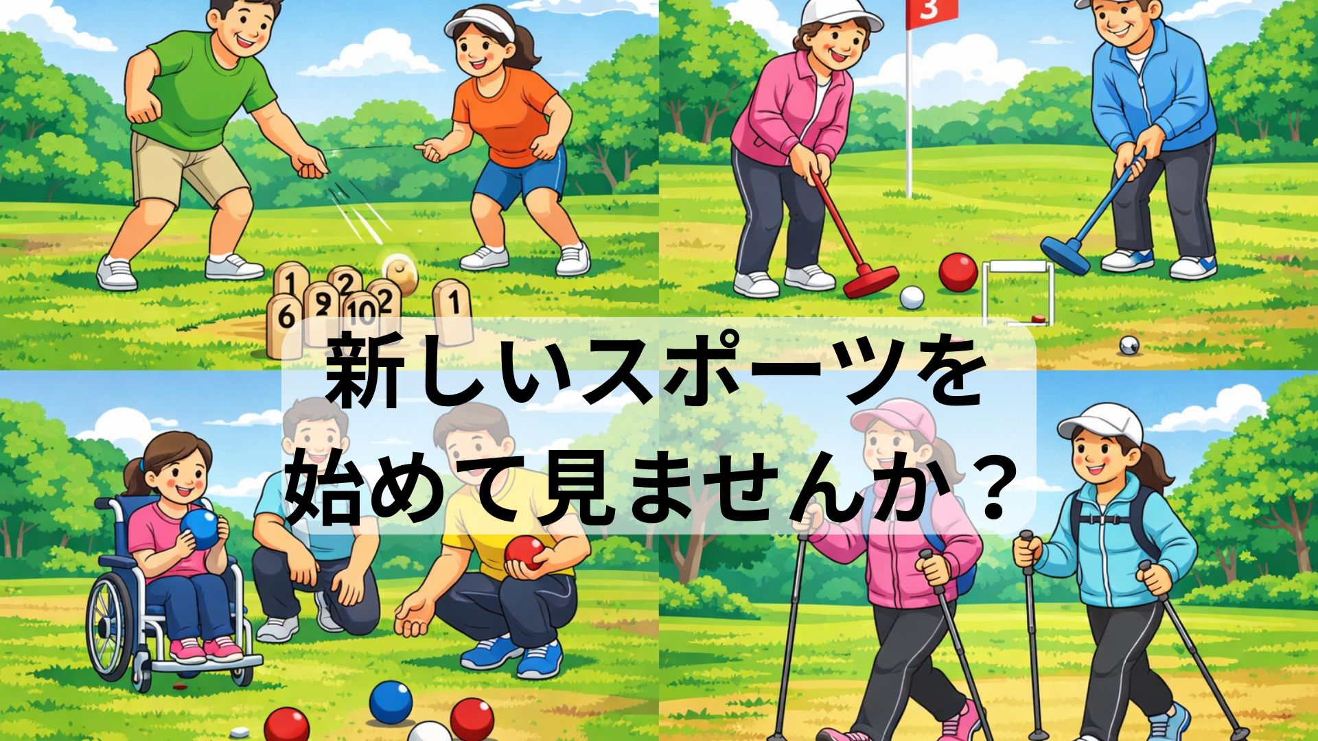 モルック・ボッチャ・ゲートボールなどニュースポーツを楽しむ人たちのイラスト