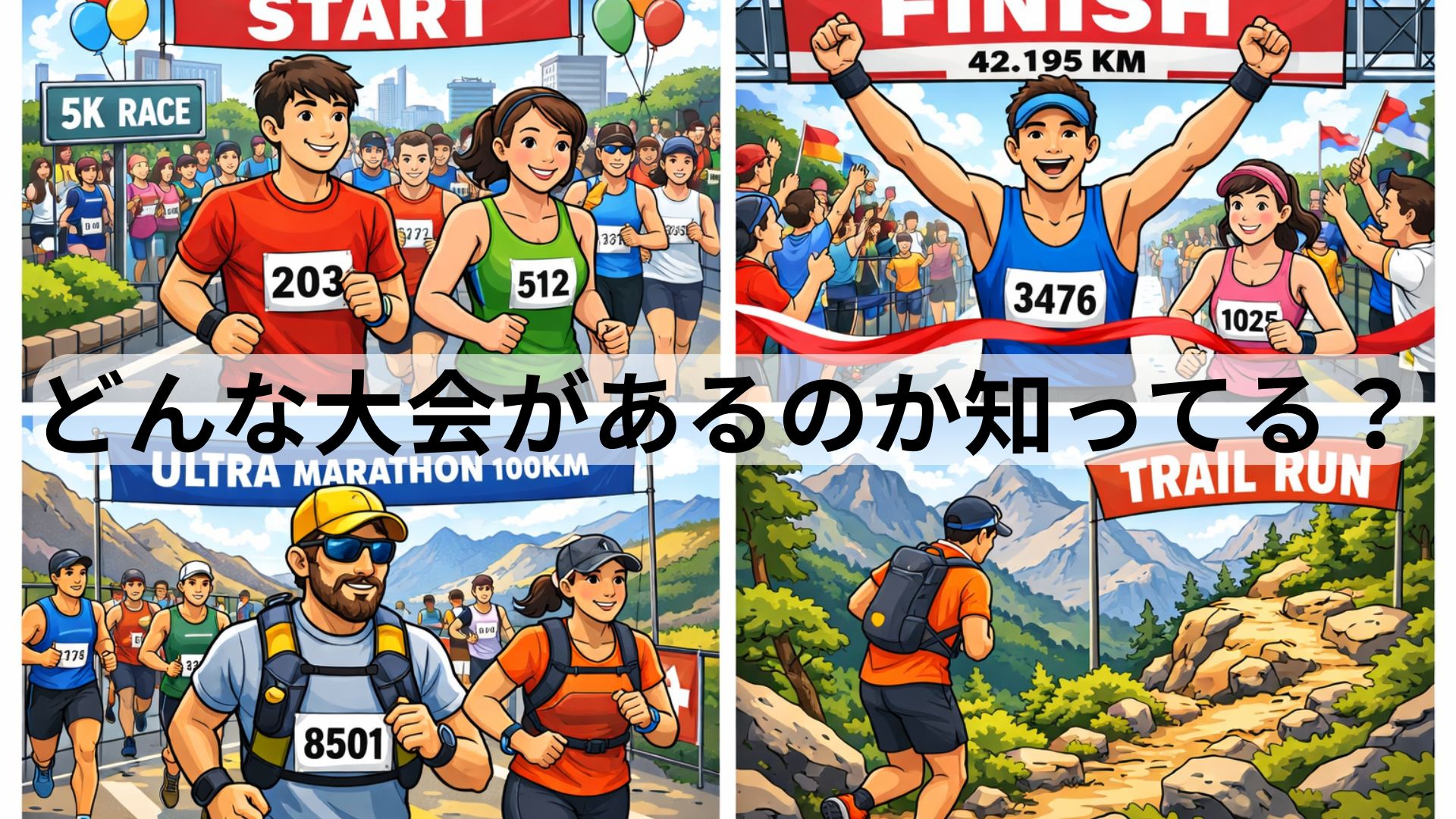 5Kレース・フルマラソン・ウルトラマラソン・トレイルランの4種類の大会を紹介するアイキャッチ画像