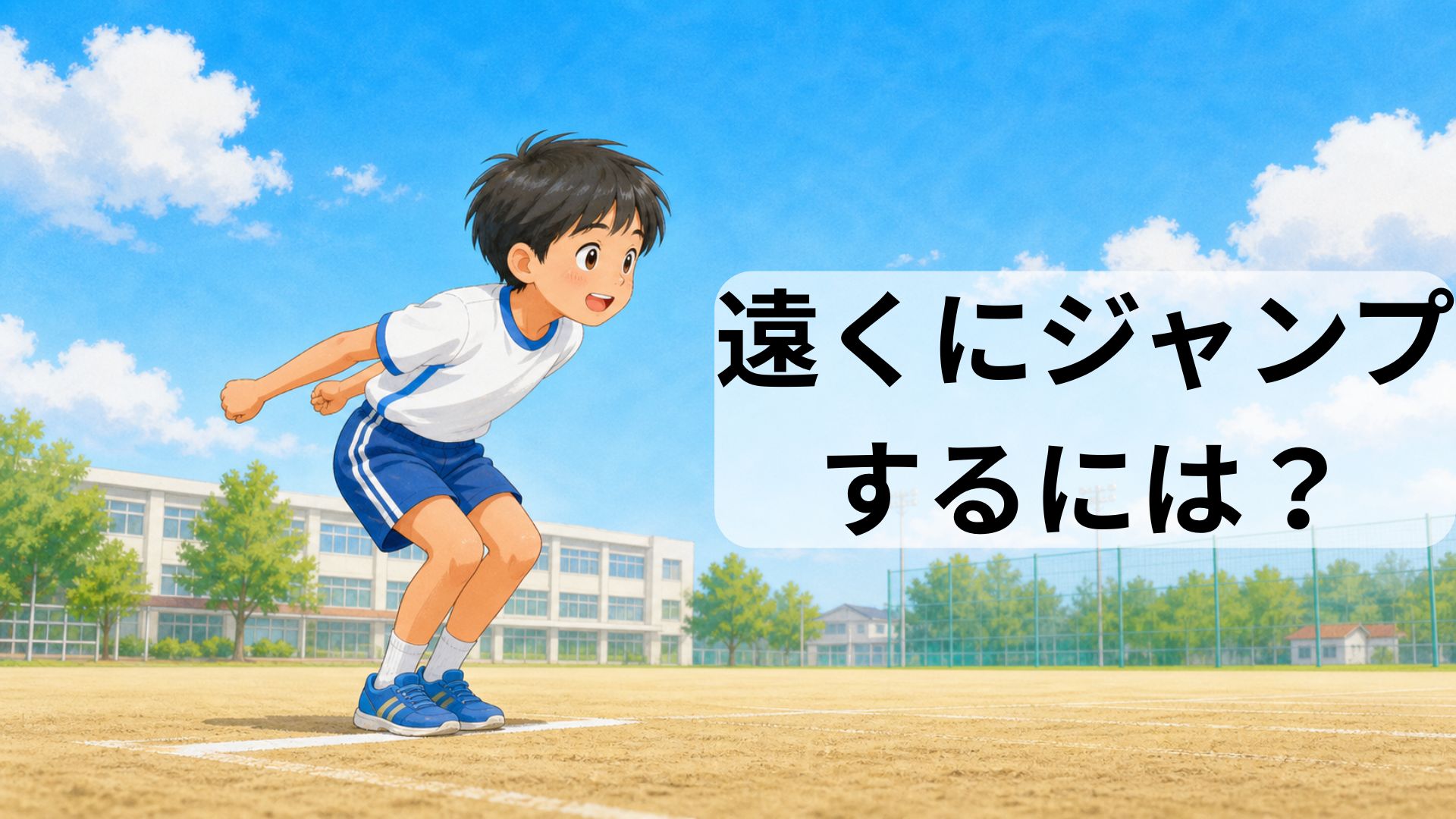 学校のグラウンドでジャンプの踏み切り姿勢をとる子どものイラスト