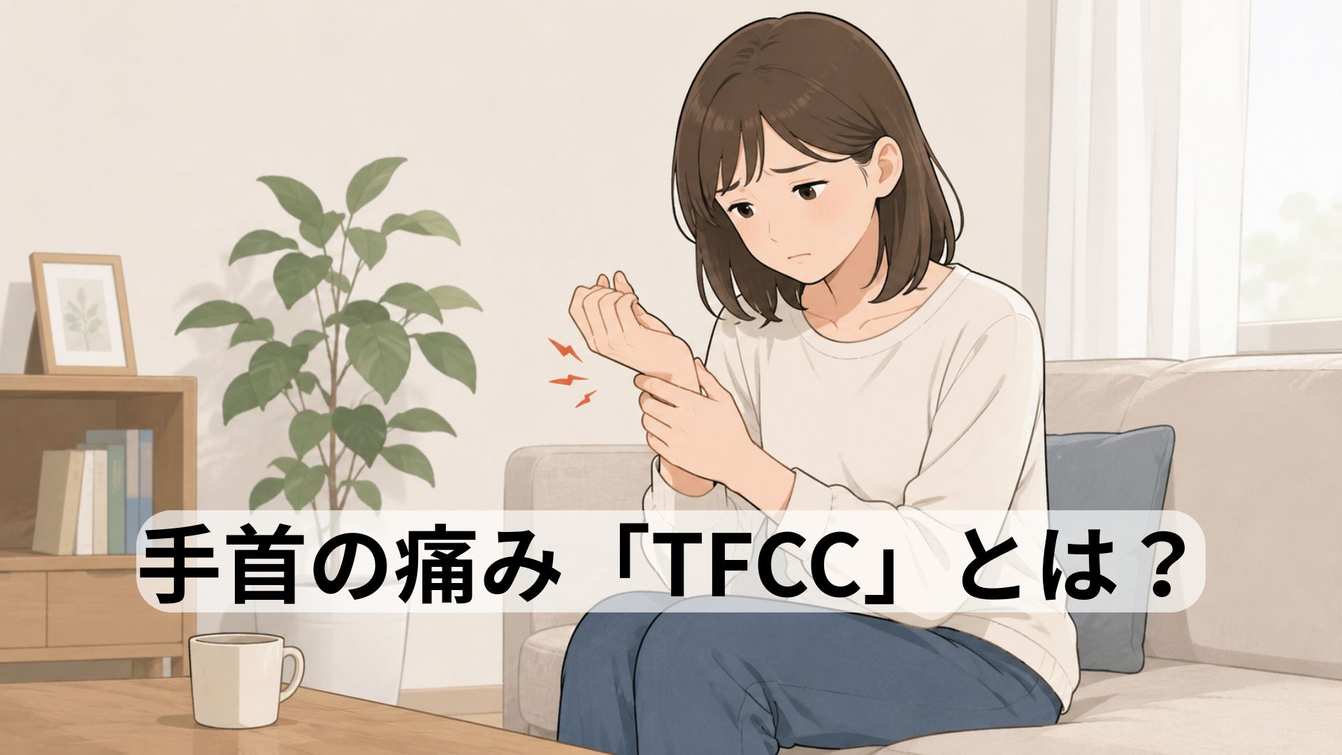 手首の小指側を押さえて痛みを感じている女性のイラスト｜TFCC損傷