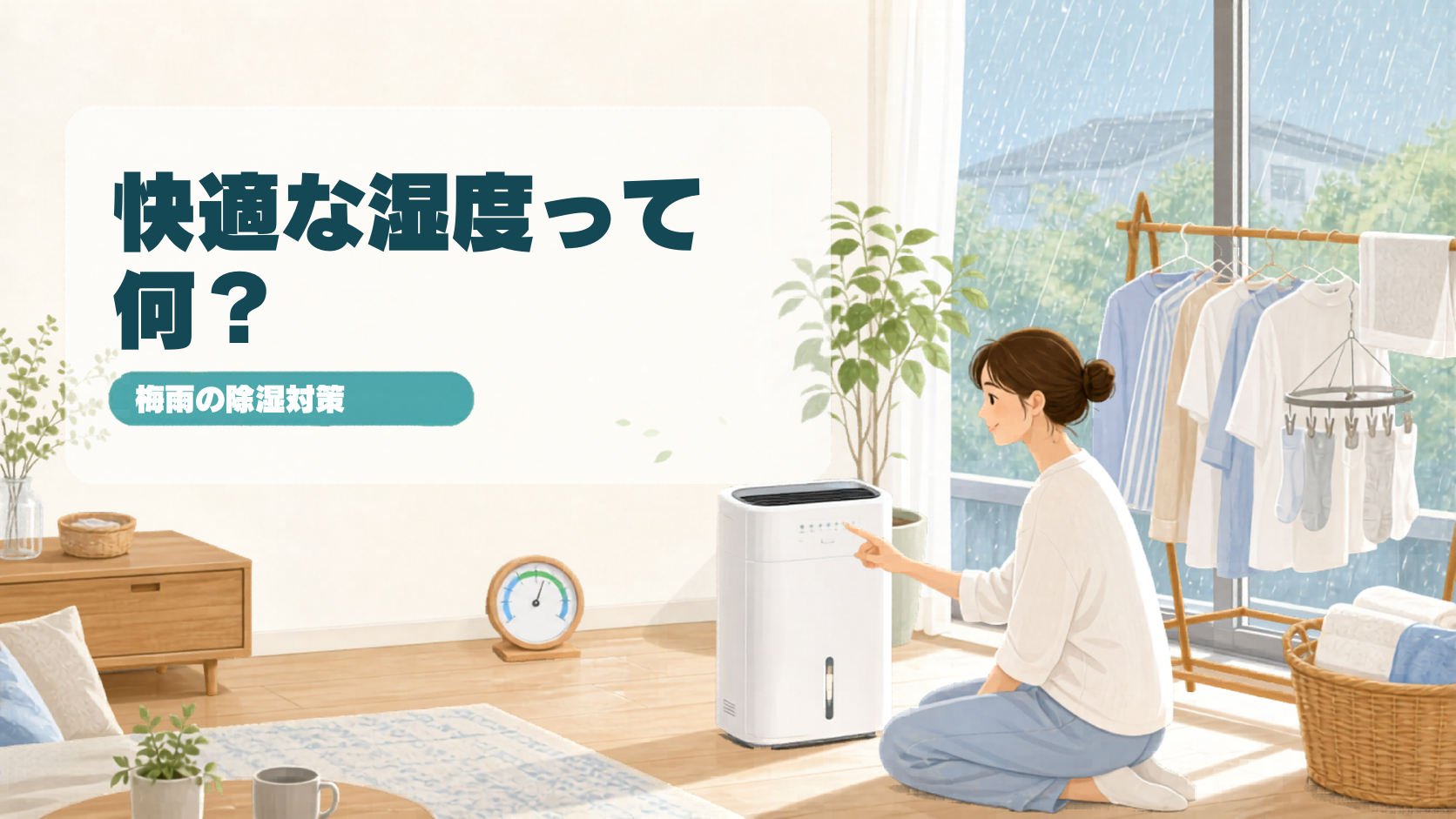 梅雨の室内で除湿機を使い、快適な湿度を保つ様子のイラスト