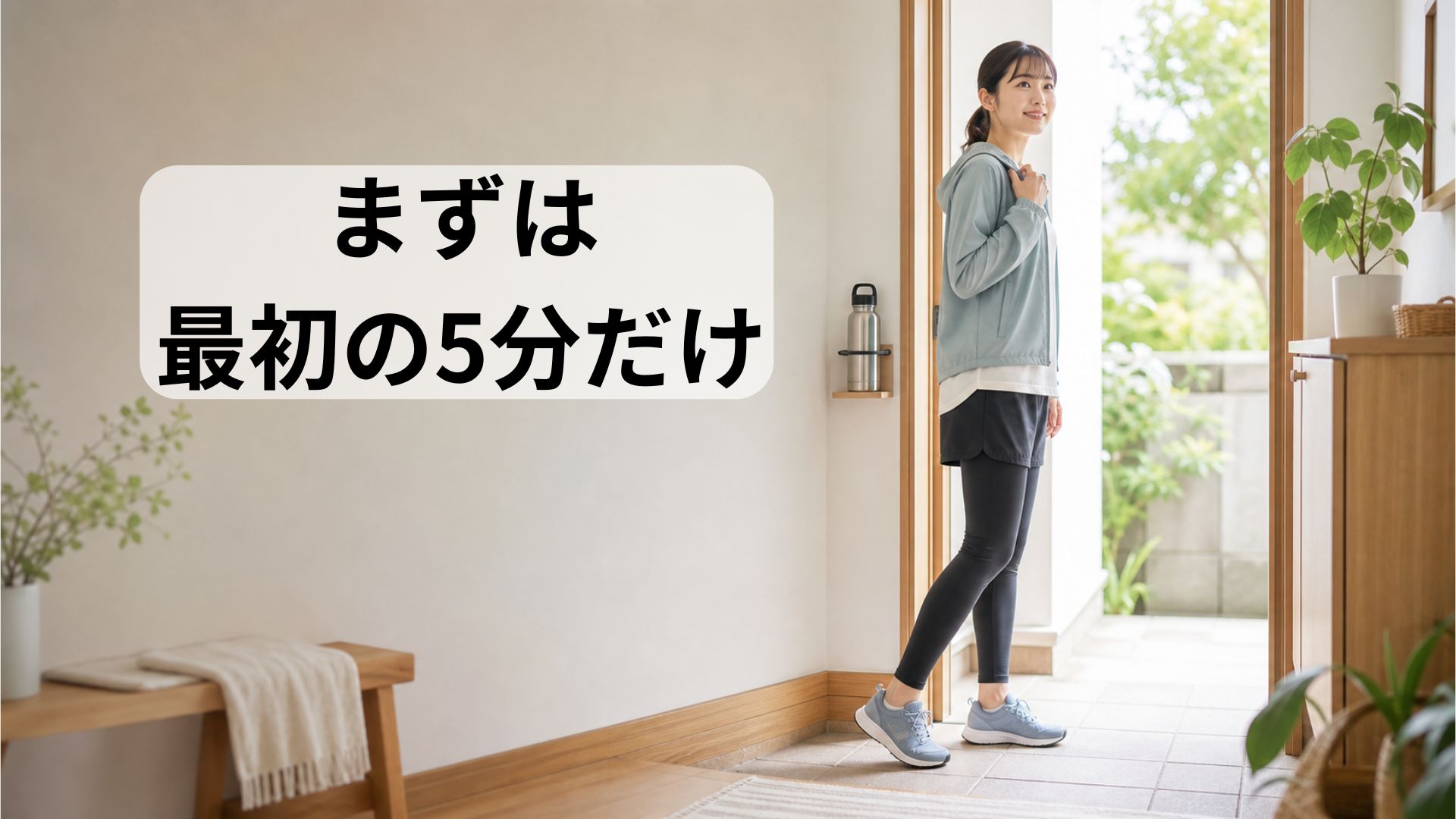 玄関でランニングの準備をする人と「まずは最初の5分だけ」の文字が入ったアイキャッチ画像