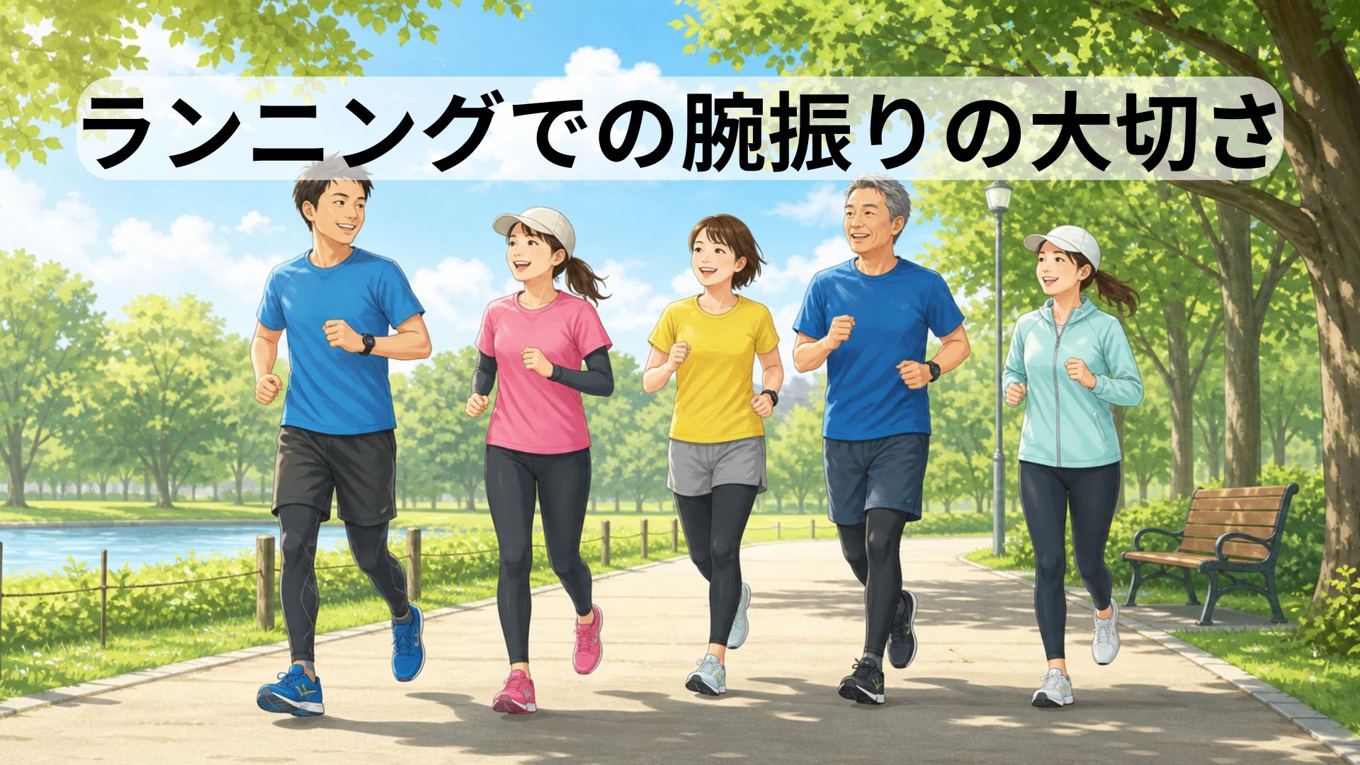 公園で腕を振りながら走る5人のランナー