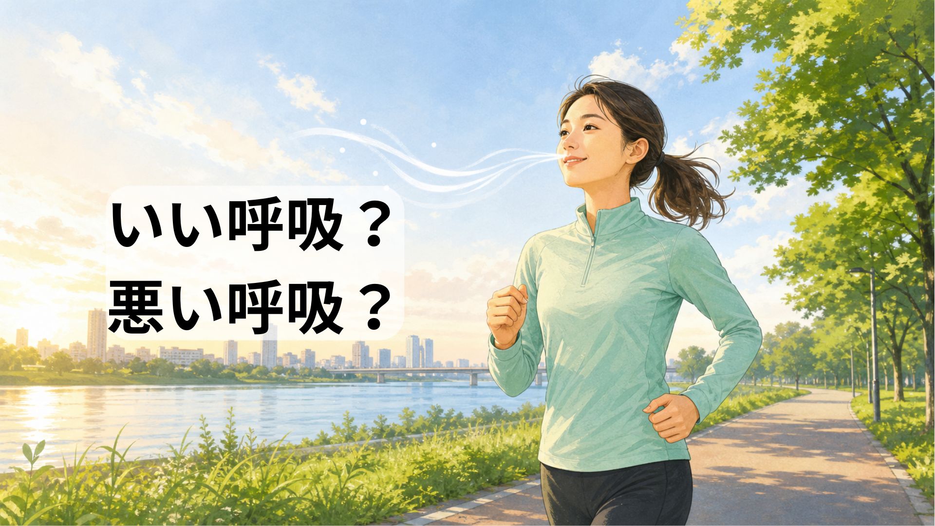 ランニング中の呼吸法を意識して走る女性ランナーのイラスト