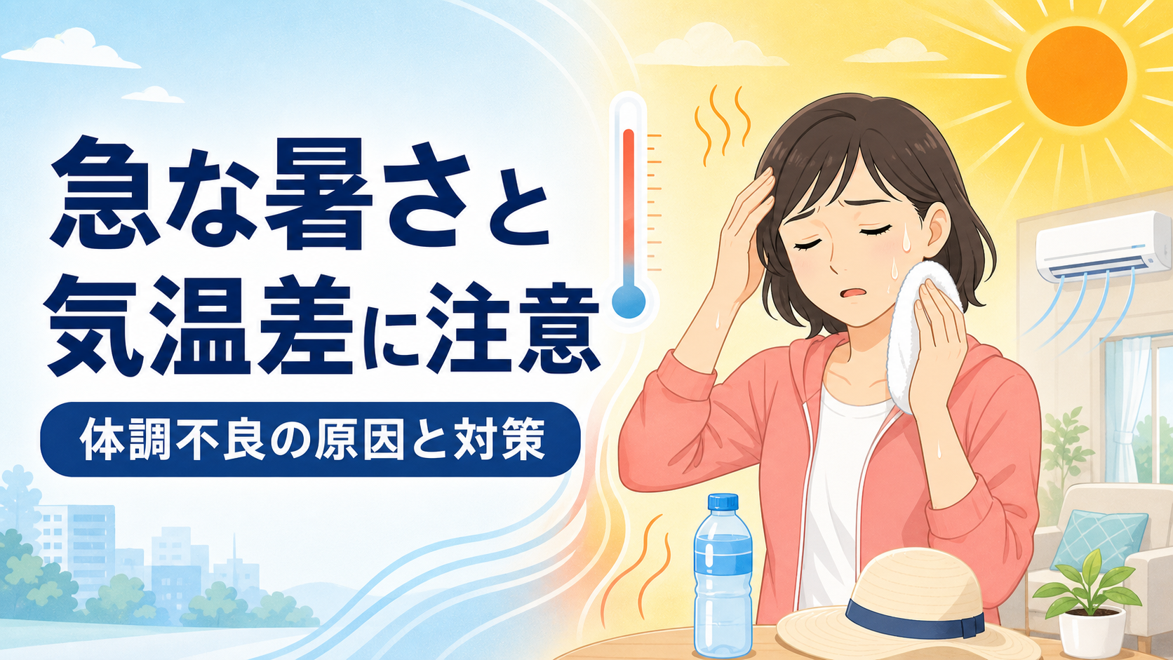 急な暑さと気温差による体調不良の原因と対策を紹介するイラスト