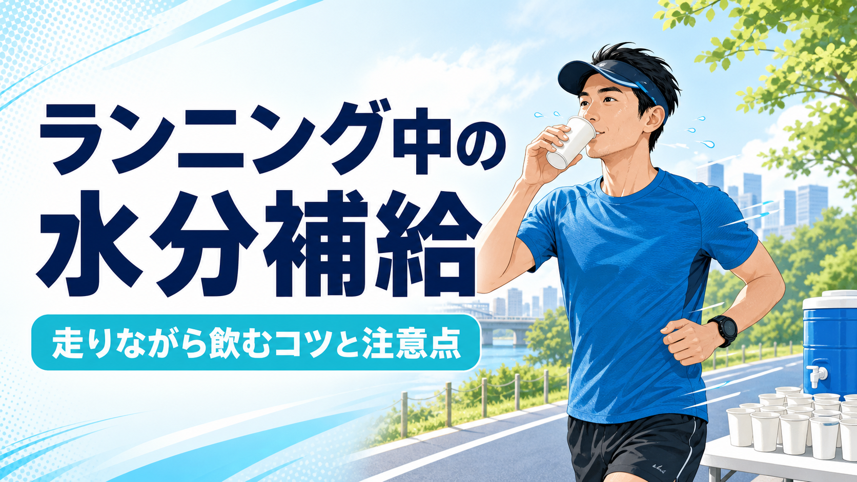 給水所で水を飲むランナーと「ランニング中の水分補給」の文字